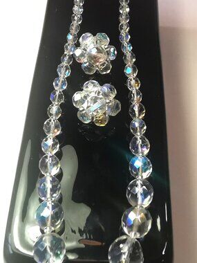 50s Aurora Borealis Crystal Jewelry Austrian AB Glass Graduated Necklace Earring